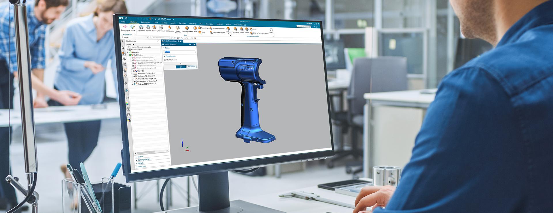 Konstrukteur vor Computer mit Siemens NX 3D Modell