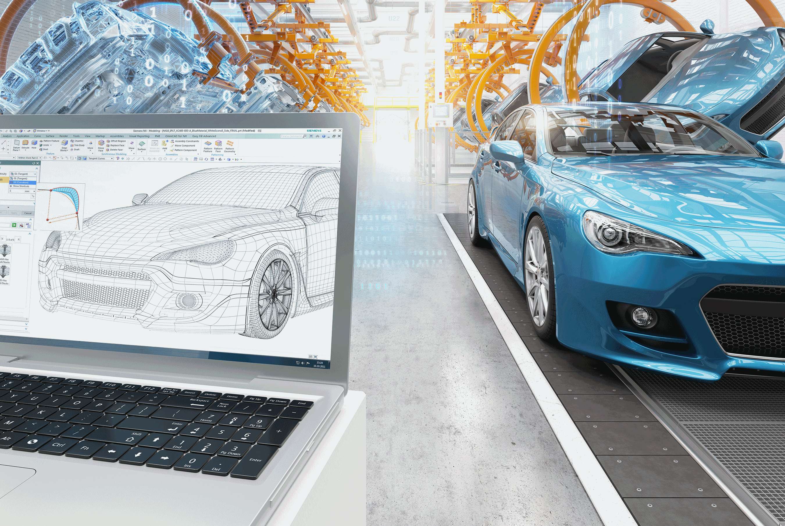 Laptop und Auto zur Darstellung von Model Based Definition mit Siemens NX
