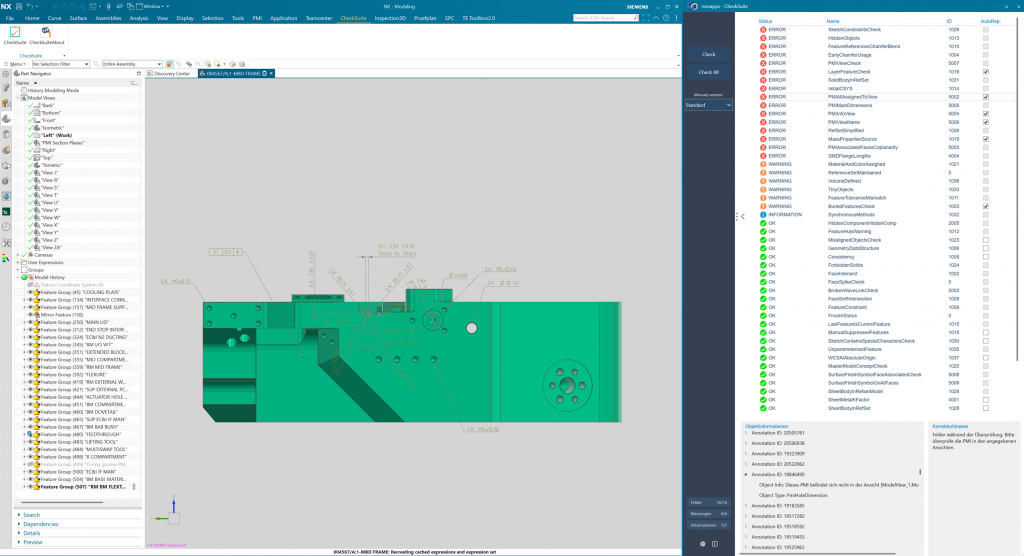 CheckSuite mit Splitscreen Darstellung in Siemens NX